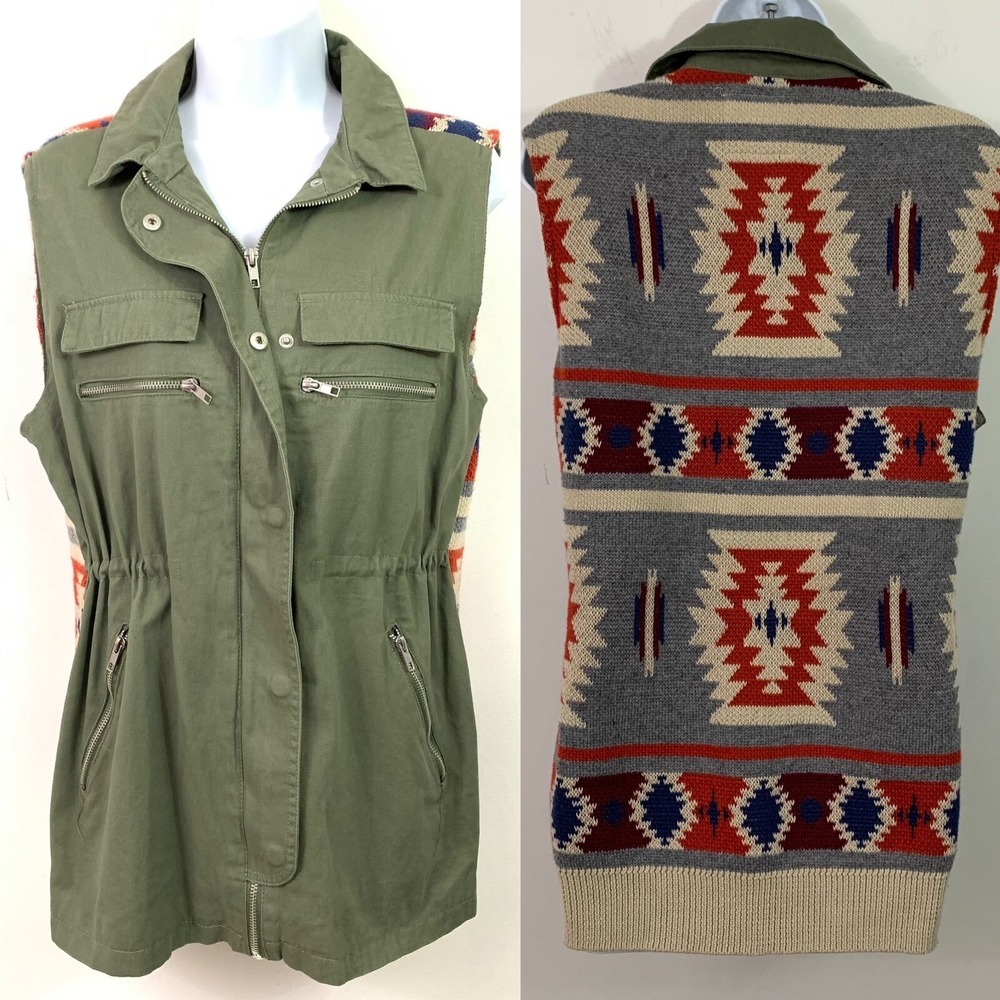Thread Supply Olive Green Utility‎ Vest Southwestern Knit Back Mixed Media Boho